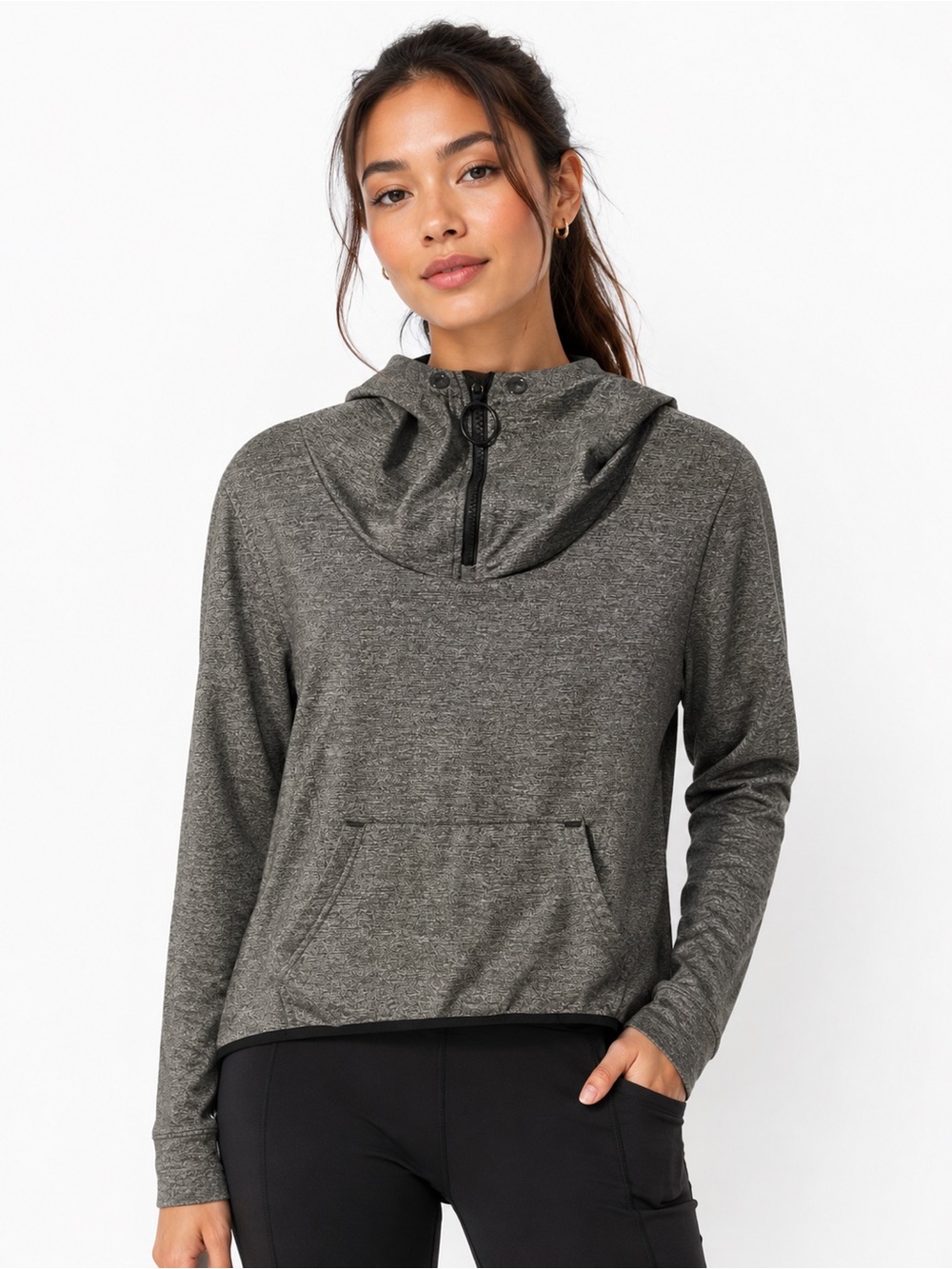 Bershka Heathered Gray Half-Zip Hooded Pullover - 0494